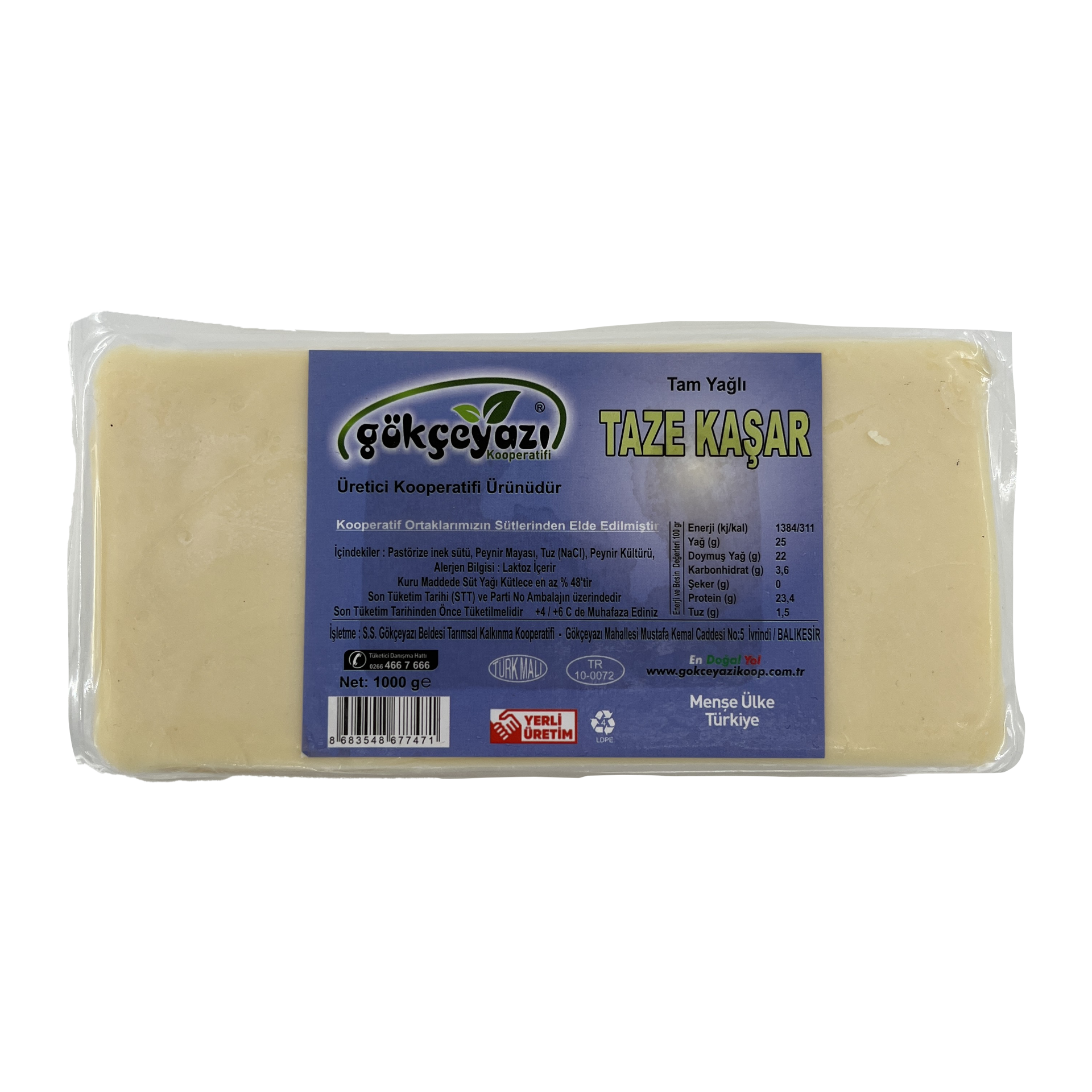 Gökçeyazı Tam Yağlı Taze Kaşar 1000 Gr